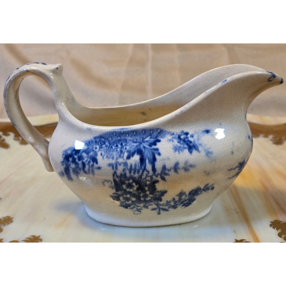 Antique Flow Blue Floral Gravy Boat Sauce Pitcher Ceramic Crazed Farmhouse Decor